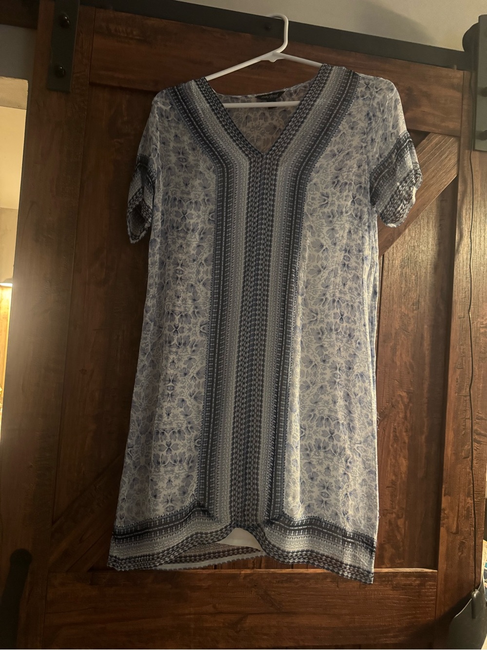 Lucky Brand Light Blue Patterned V-Neck Mini Dress